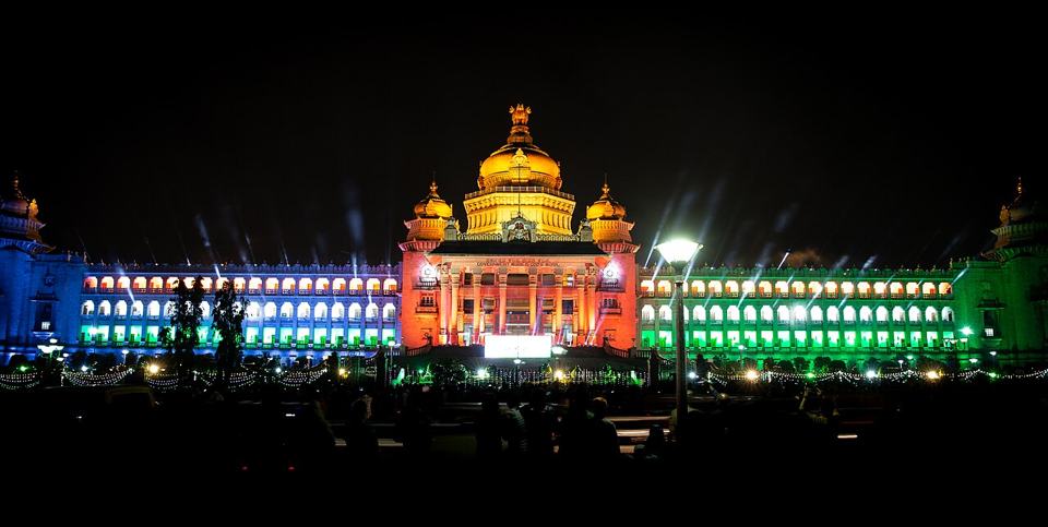 Vidhana Soudha, Bengaluru's granite state legislature, lit up at night